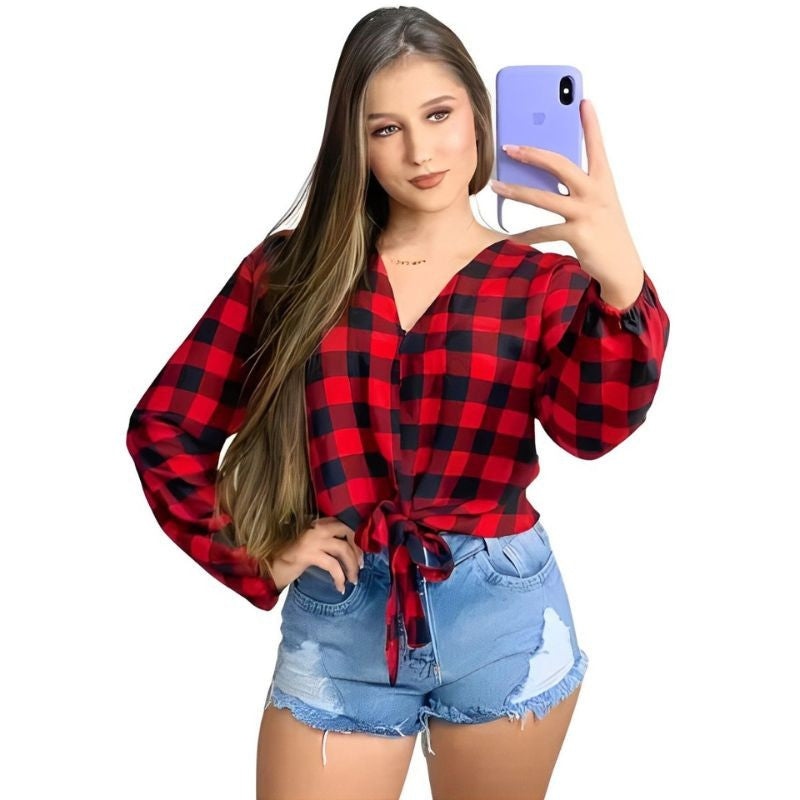 Blusa Feminina Xadrez Manga Longa Com Elástico Punho e Laço Na Cintura