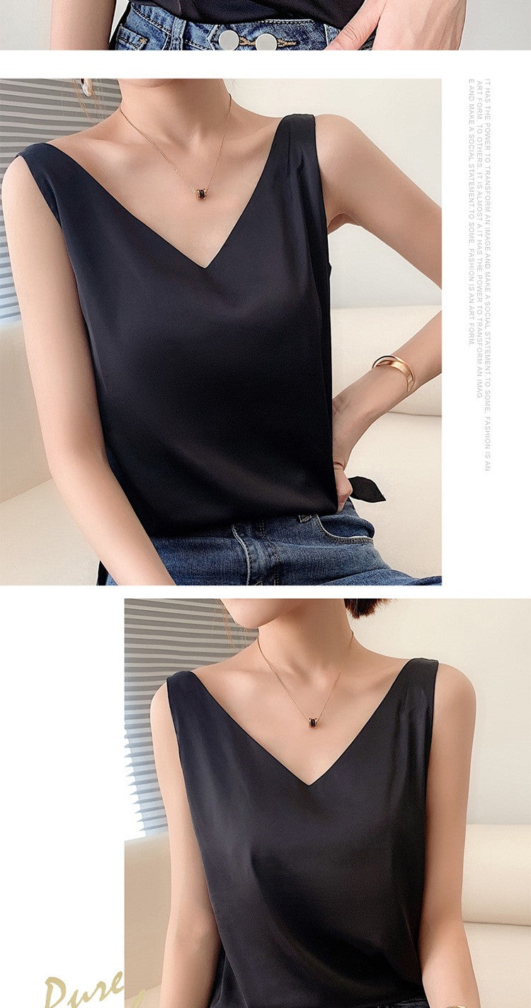 Top de alça feminino halter decote em v básico branco cami sem mangas cetim seda