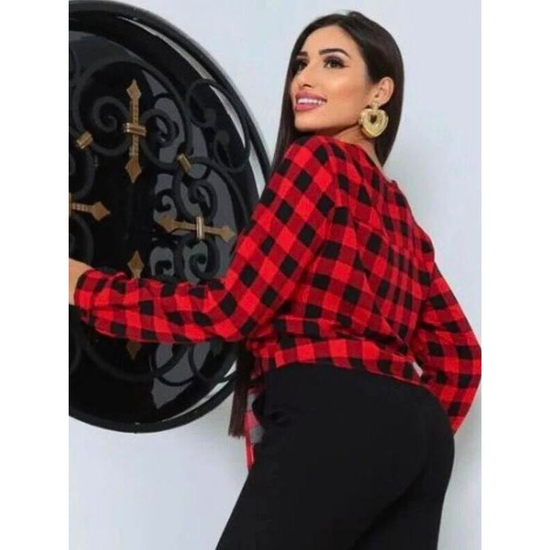Blusa Feminina Xadrez Manga Longa Com Elástico Punho e Laço Na Cintura
