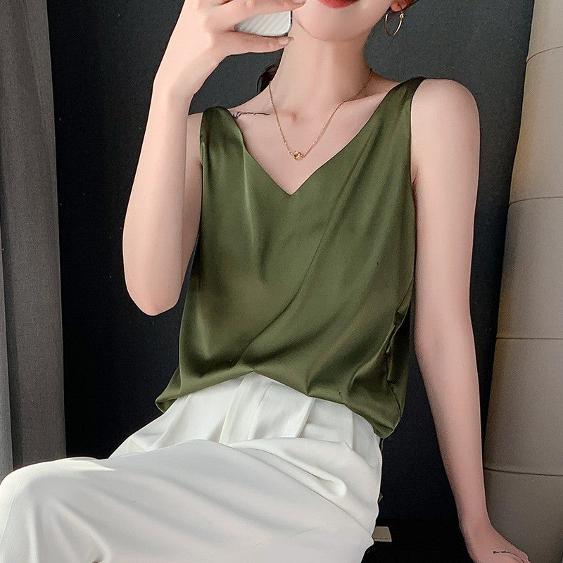 Top de alça feminino halter decote em v básico branco cami sem mangas cetim seda