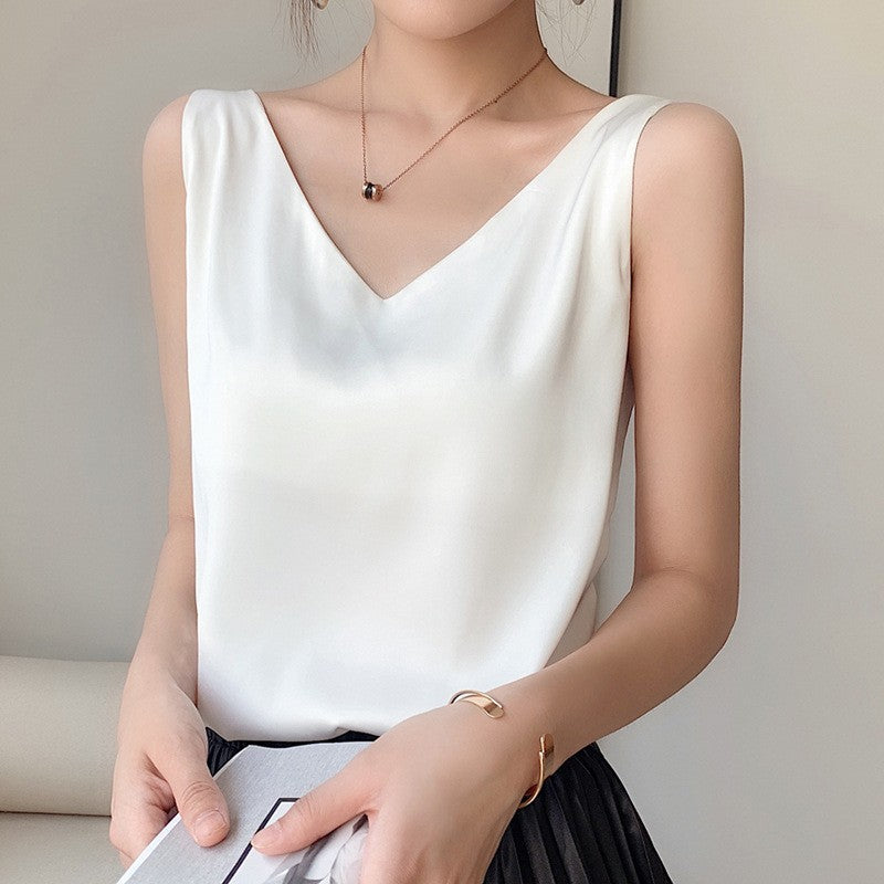 Top de alça feminino halter decote em v básico branco cami sem mangas cetim seda