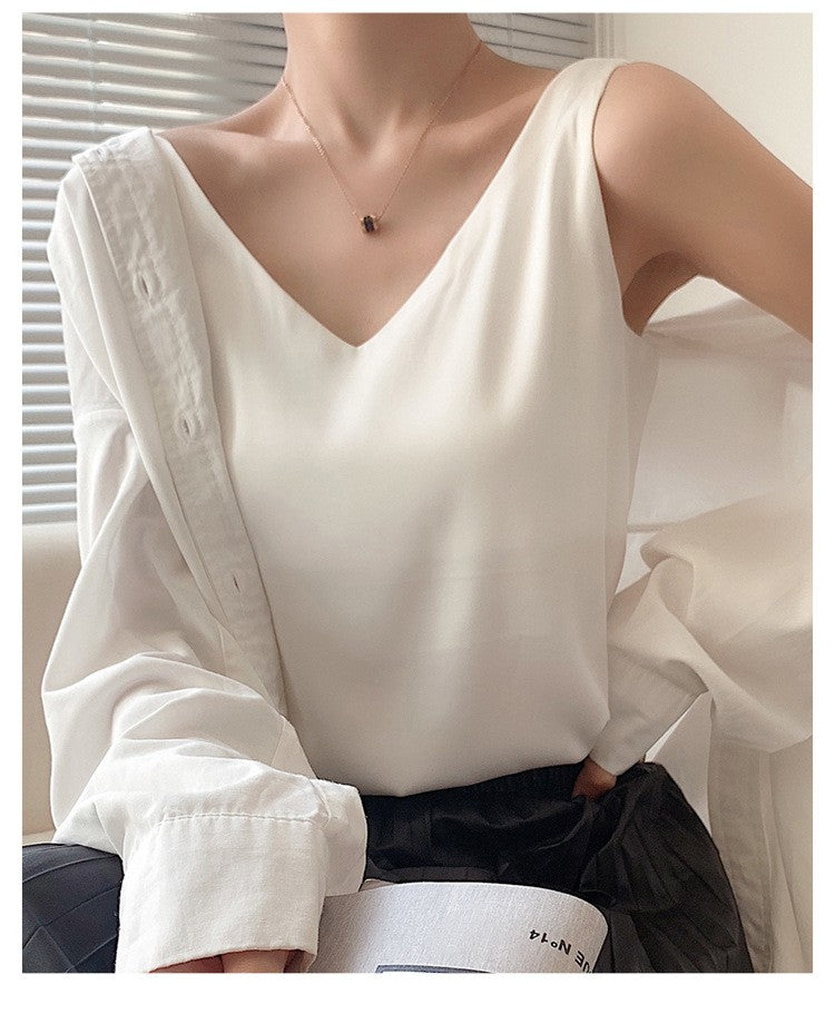 Top de alça feminino halter decote em v básico branco cami sem mangas cetim seda