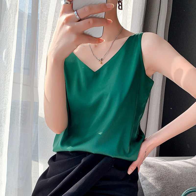 Top de alça feminino halter decote em v básico branco cami sem mangas cetim seda