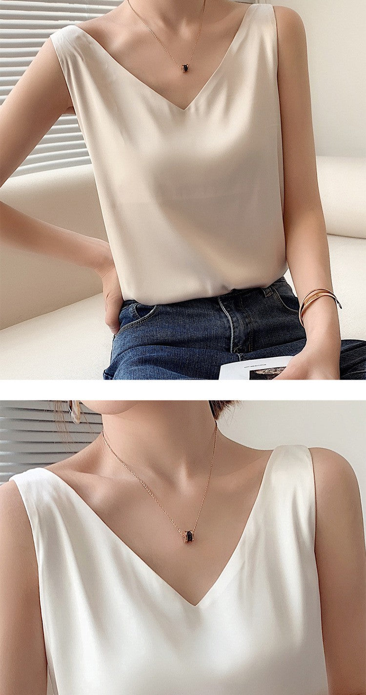 Top de alça feminino halter decote em v básico branco cami sem mangas cetim seda