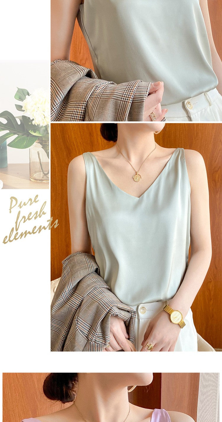 Top de alça feminino halter decote em v básico branco cami sem mangas cetim seda