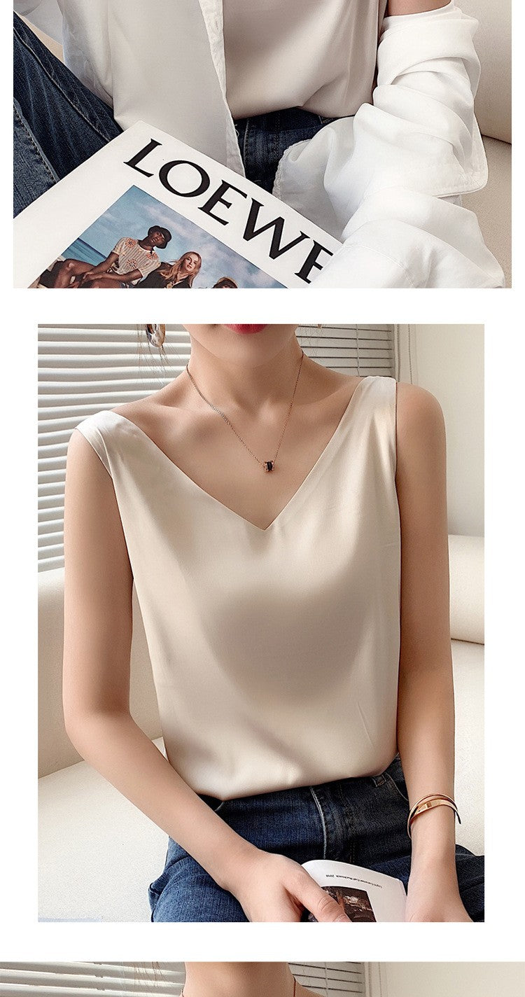 Top de alça feminino halter decote em v básico branco cami sem mangas cetim seda