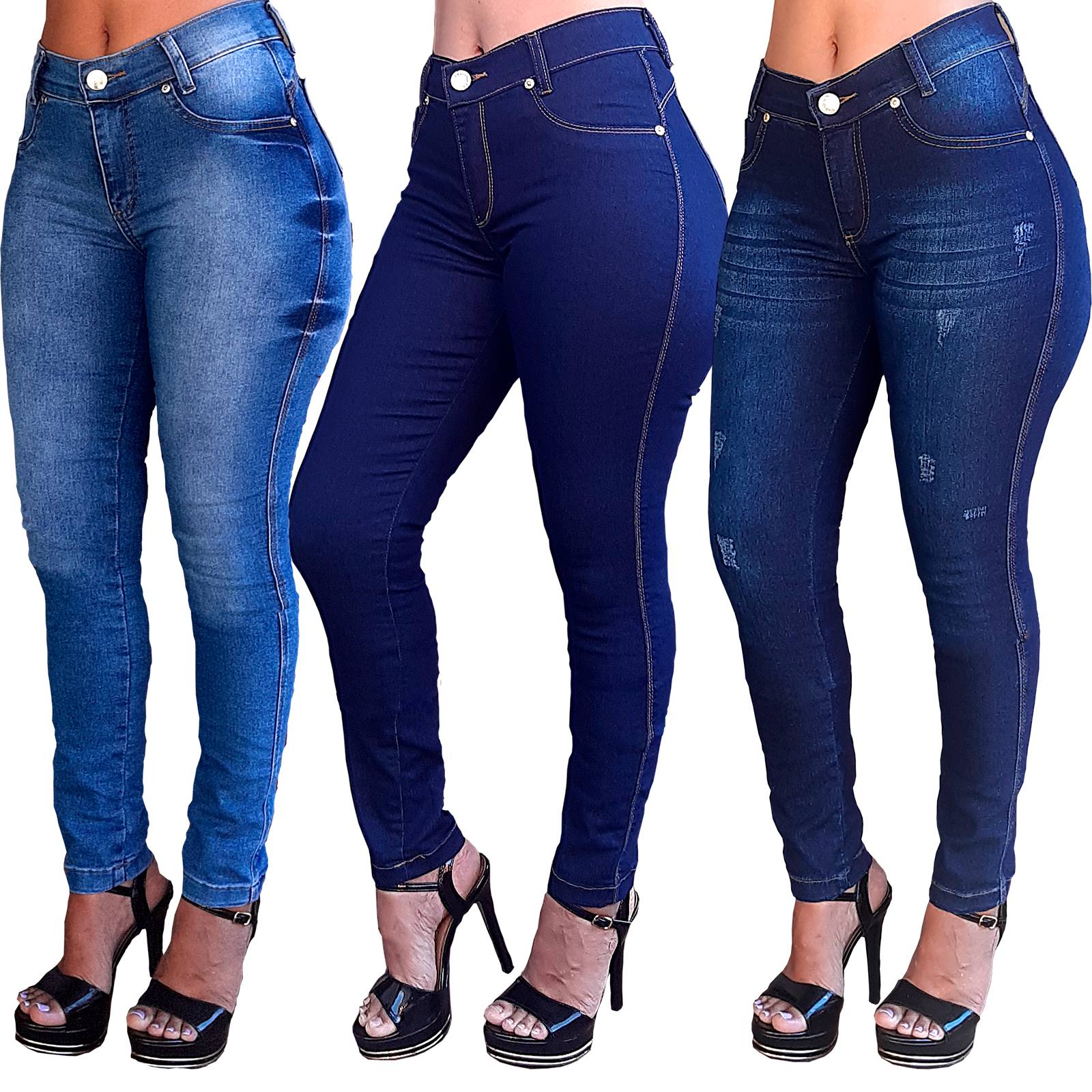 Kit 2 Calças Jeans feminina Modeladora com lycra cintura alta empina bumbum
