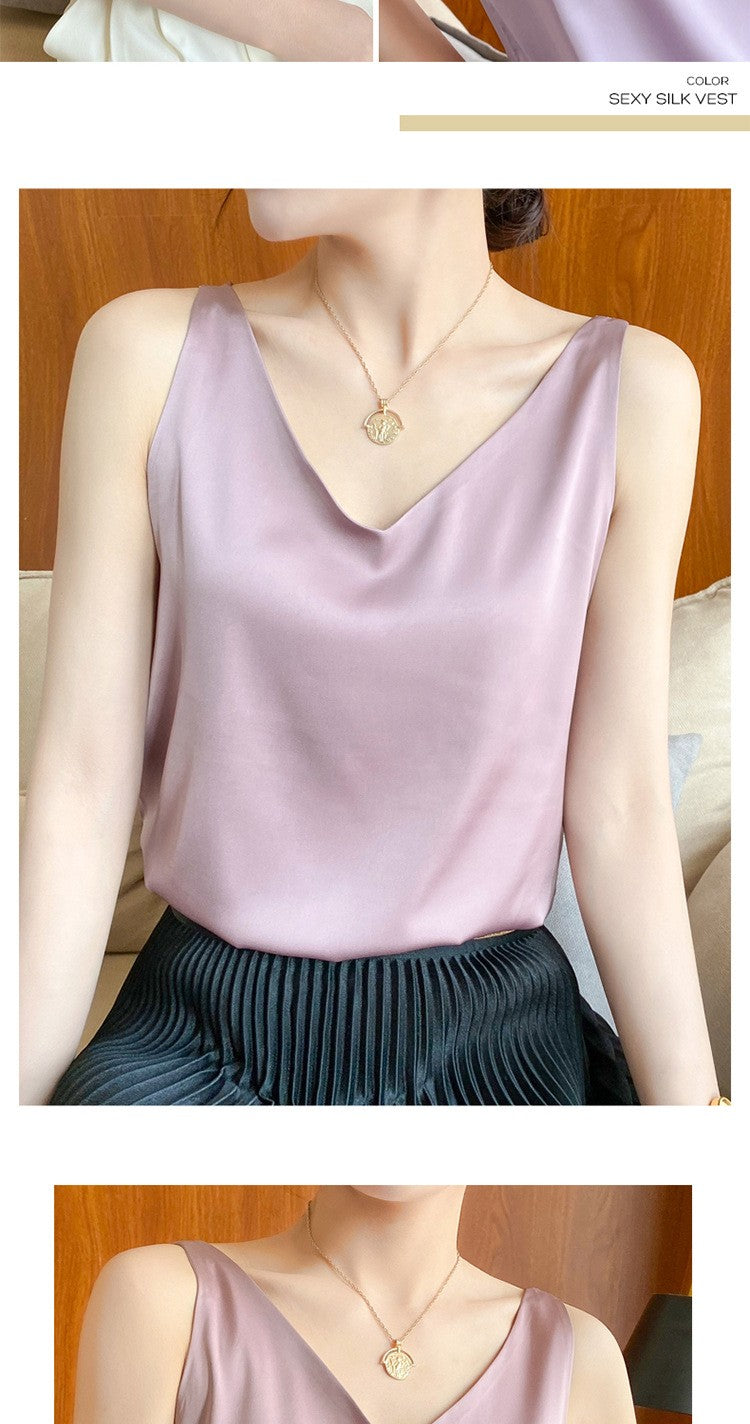 Top de alça feminino halter decote em v básico branco cami sem mangas cetim seda