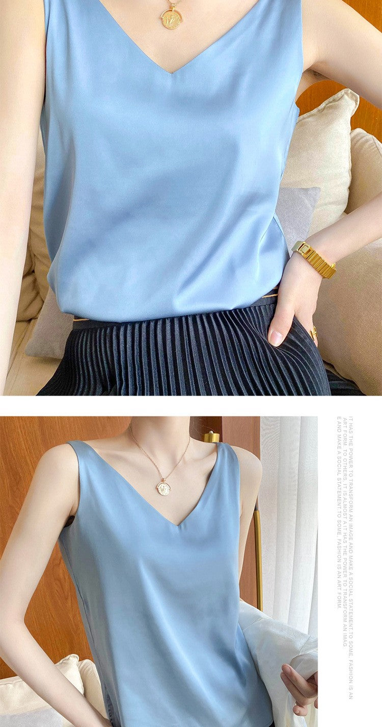 Top de alça feminino halter decote em v básico branco cami sem mangas cetim seda