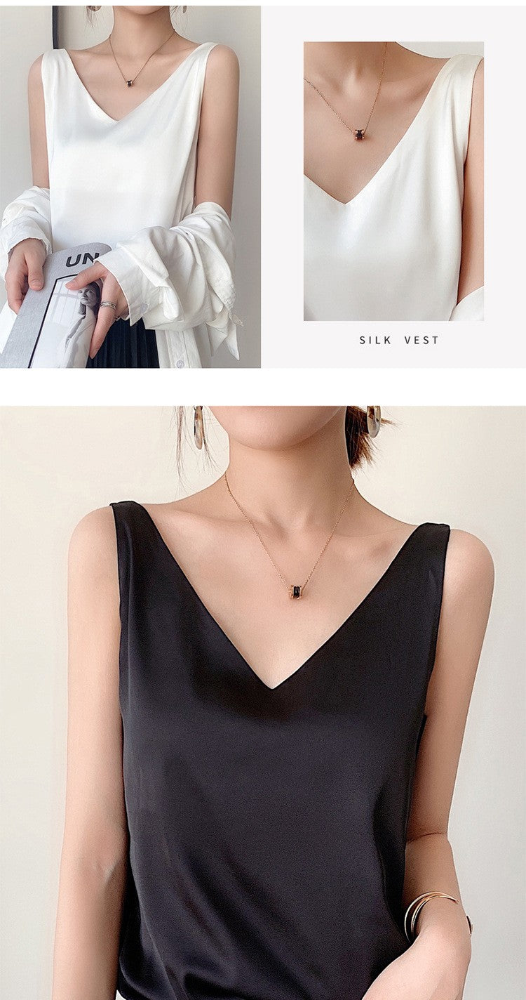 Top de alça feminino halter decote em v básico branco cami sem mangas cetim seda