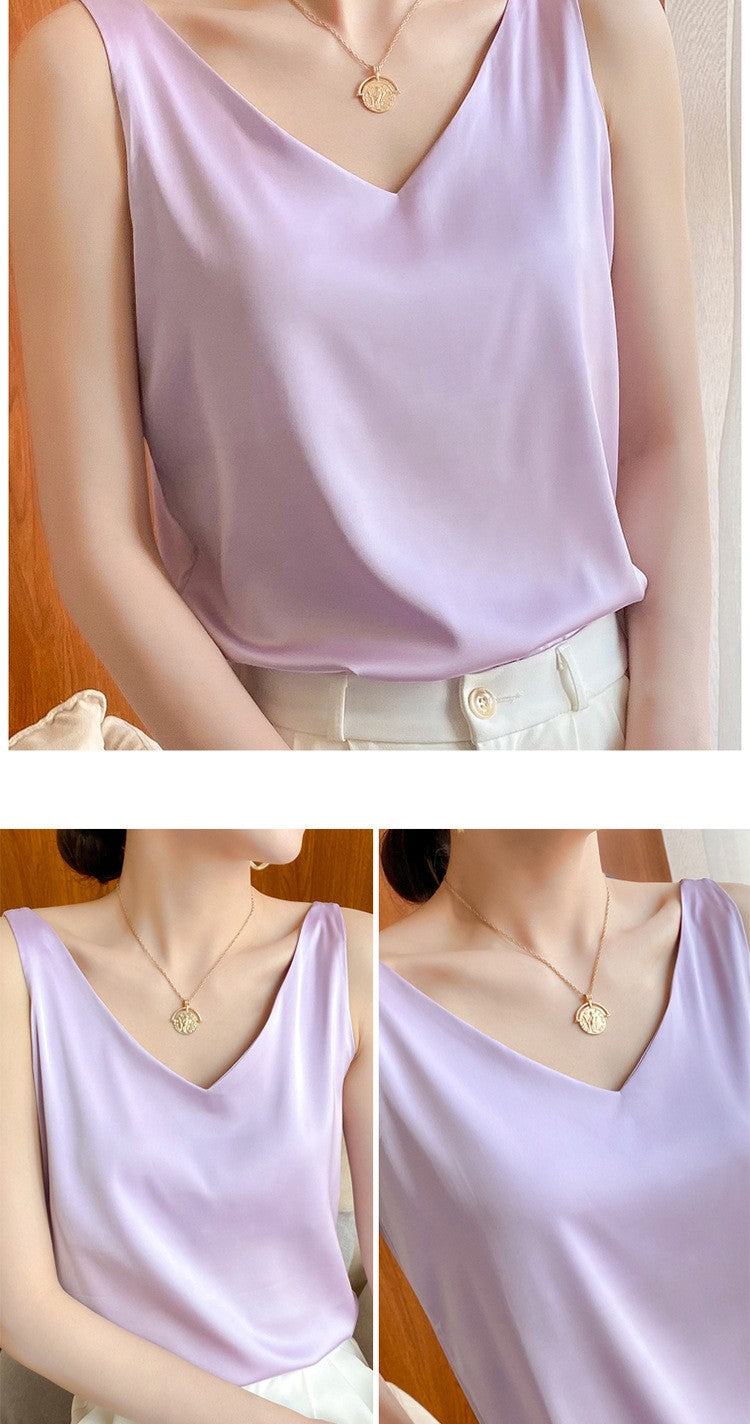 Top de alça feminino halter decote em v básico branco cami sem mangas cetim seda