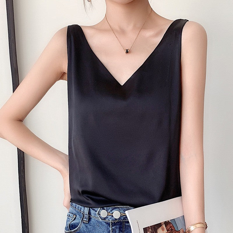 Top de alça feminino halter decote em v básico branco cami sem mangas cetim seda