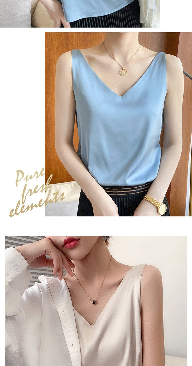 Top de alça feminino halter decote em v básico branco cami sem mangas cetim seda