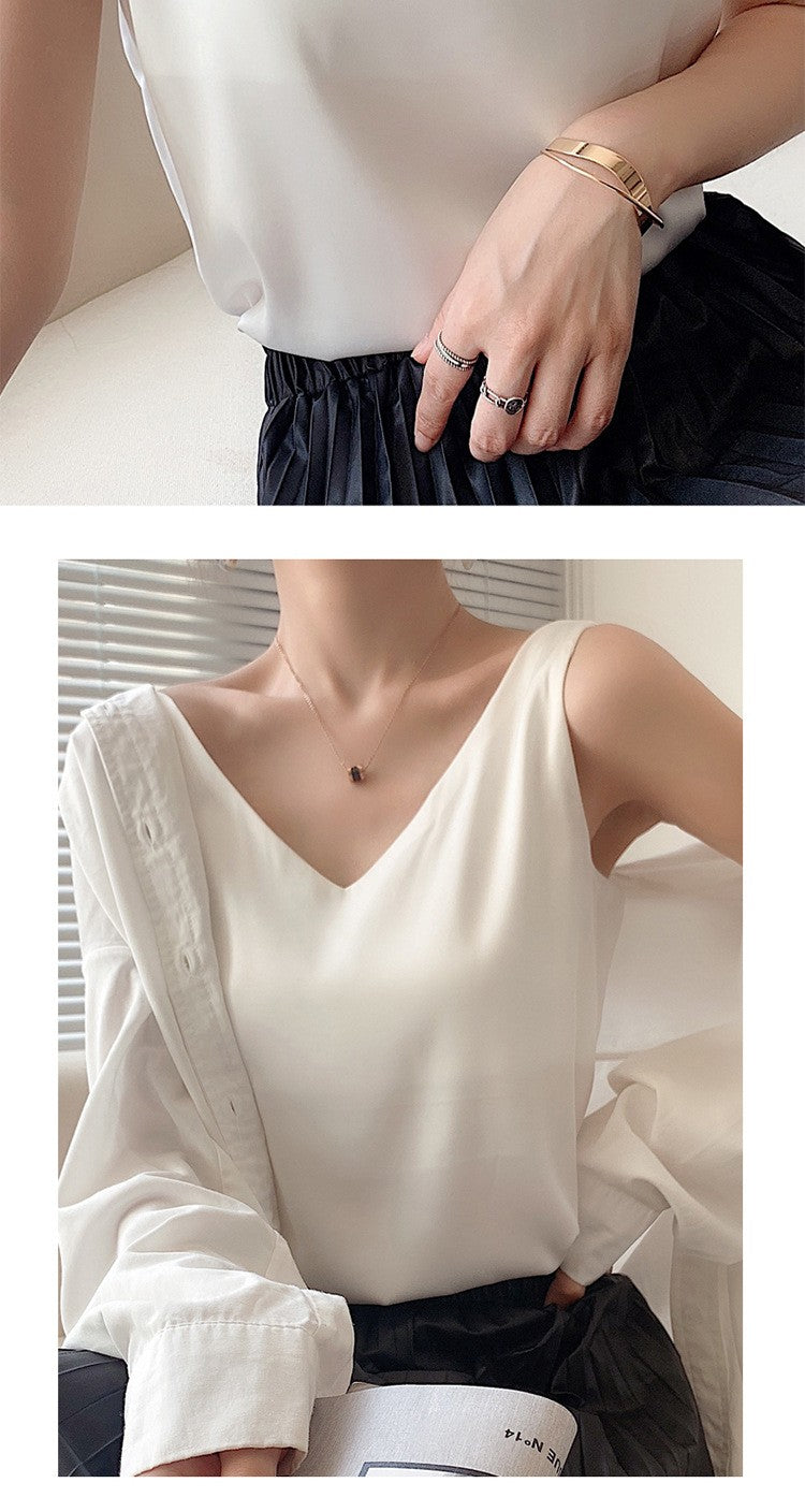 Top de alça feminino halter decote em v básico branco cami sem mangas cetim seda