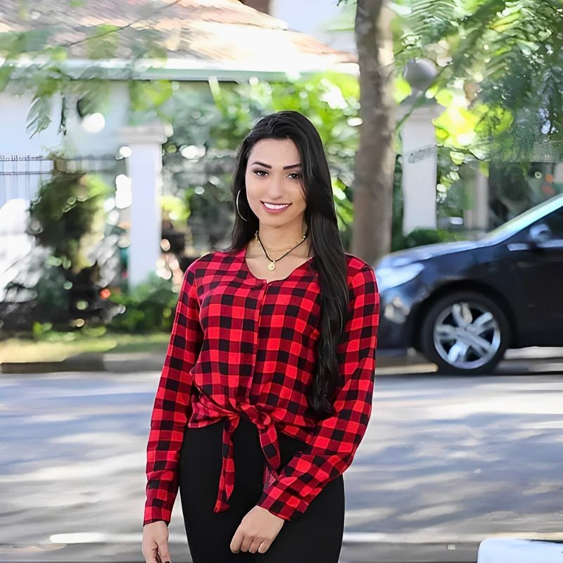 Blusa Feminina Xadrez Manga Longa Com Elástico Punho e Laço Na Cintura
