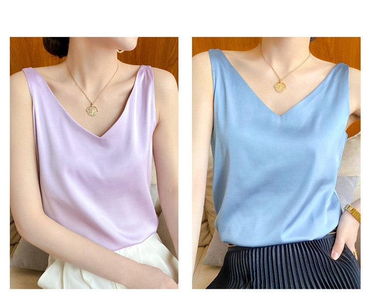 Top de alça feminino halter decote em v básico branco cami sem mangas cetim seda