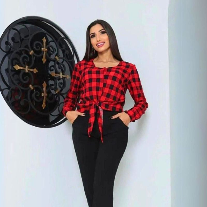 Blusa Feminina Xadrez Manga Longa Com Elástico Punho e Laço Na Cintura