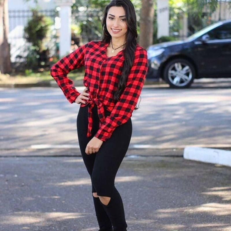 Blusa Feminina Xadrez Manga Longa Com Elástico Punho e Laço Na Cintura