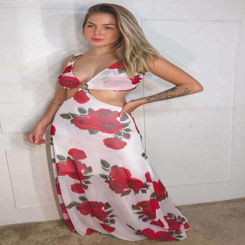 Vestido Longo Tule Estampado Forrado