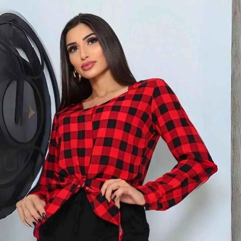 Blusa Feminina Xadrez Manga Longa Com Elástico Punho e Laço Na Cintura