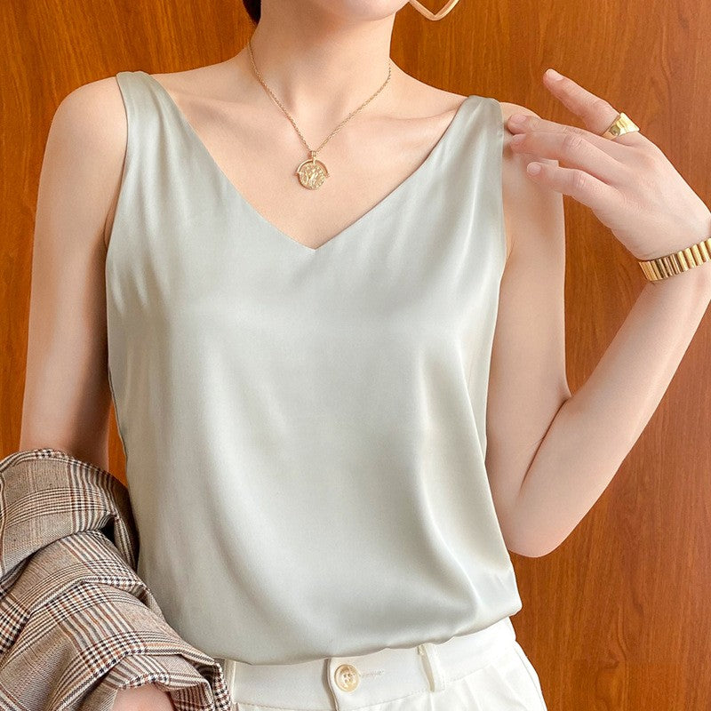 Top de alça feminino halter decote em v básico branco cami sem mangas cetim seda