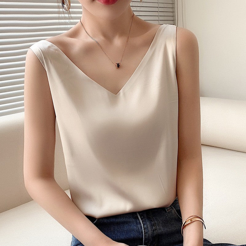 Top de alça feminino halter decote em v básico branco cami sem mangas cetim seda