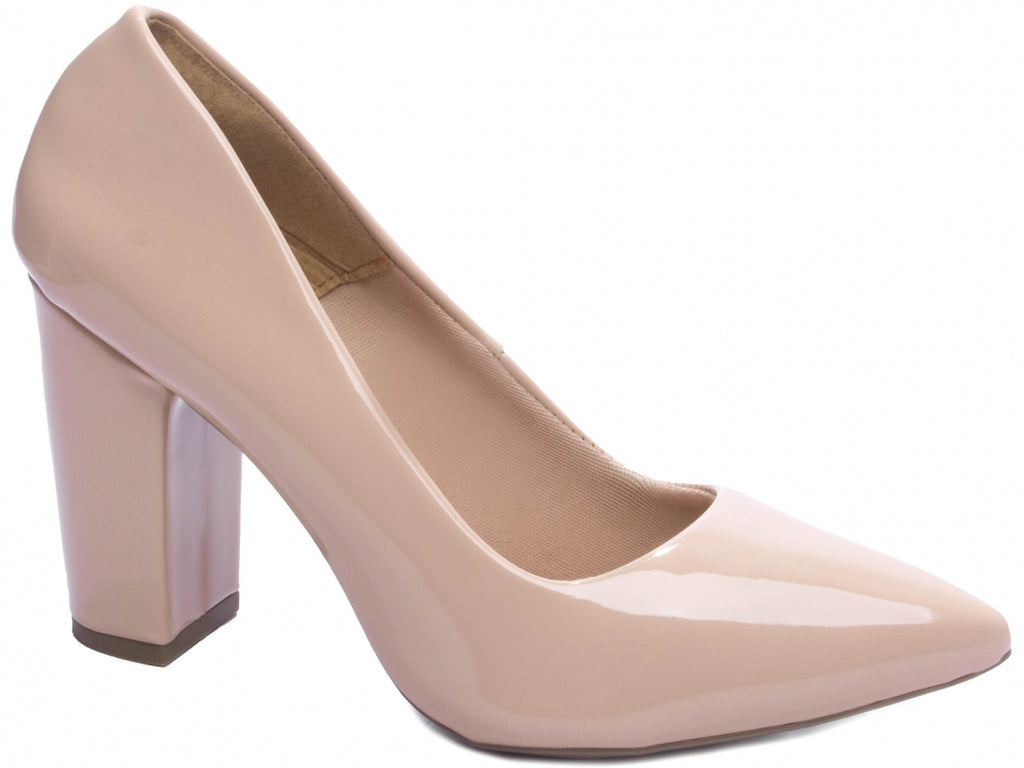 Sapato Scarpin Salto Quadrado Verniz Bege