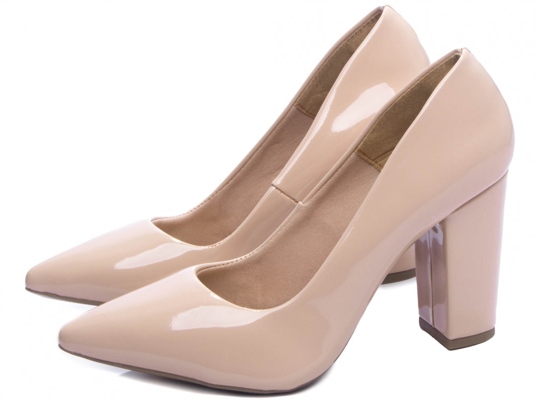Sapato Scarpin Salto Quadrado Verniz Bege