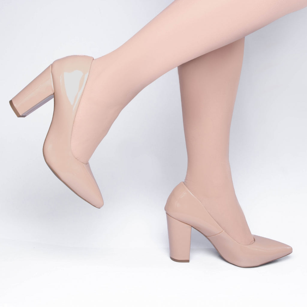 Sapato Scarpin Salto Quadrado Verniz Bege