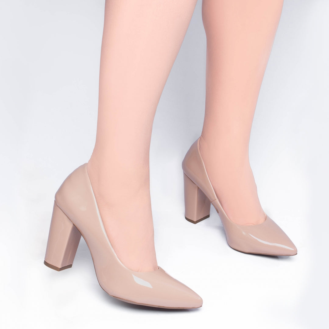 Sapato Scarpin Salto Quadrado Verniz Bege