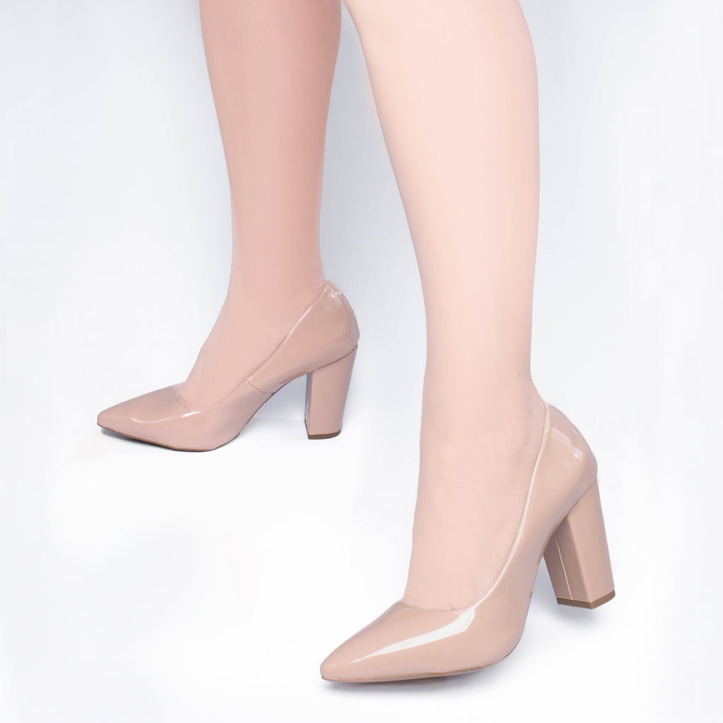 Sapato Scarpin Salto Quadrado Verniz Bege