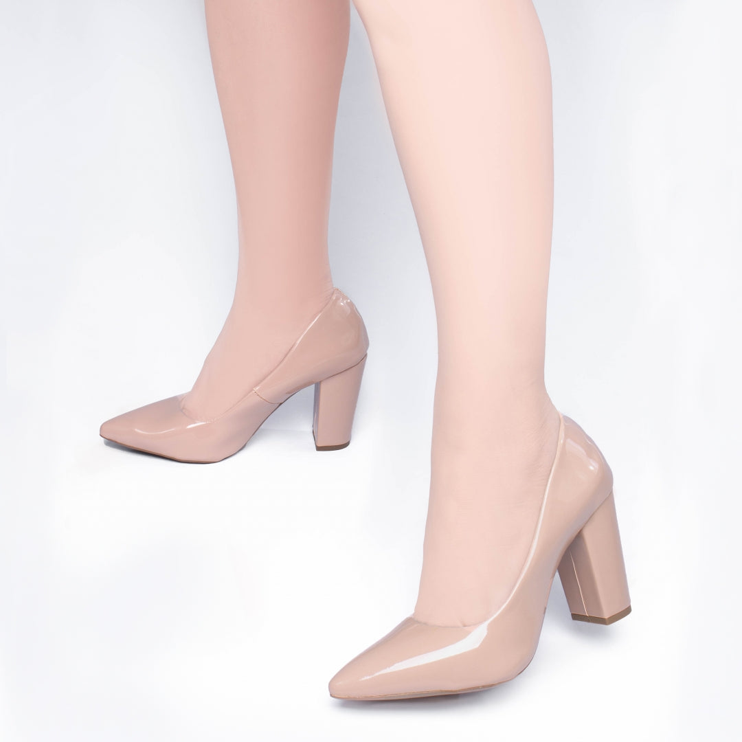 Sapato Scarpin Salto Quadrado Verniz Bege