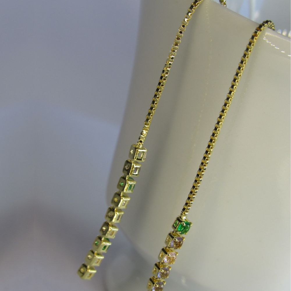 Brinco Fio de Corrente de Zircônias Coloridas Sortidas Banhado em Ouro 18k