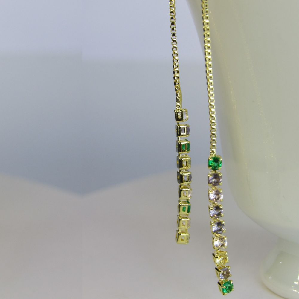 Brinco Fio de Corrente de Zircônias Coloridas Sortidas Banhado em Ouro 18k