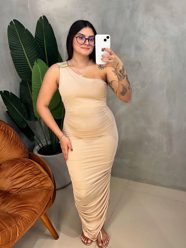 Vestido Midi em Malha Romantic Ombro Único Plissado Ref. 1713