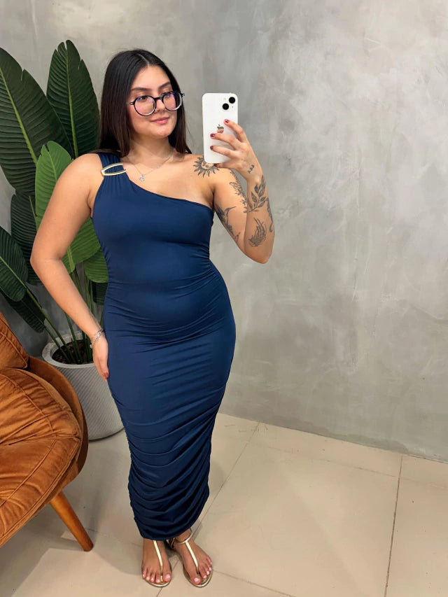 Vestido Midi em Malha Romantic Ombro Único Plissado Ref. 1713