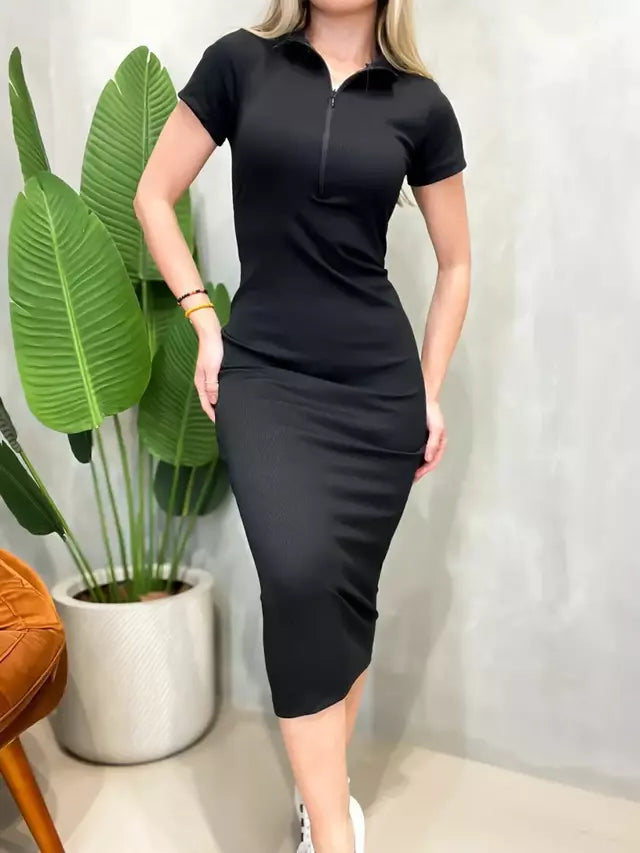 Vestido Midi em Ribana Manga Curta com Zíper e Gola