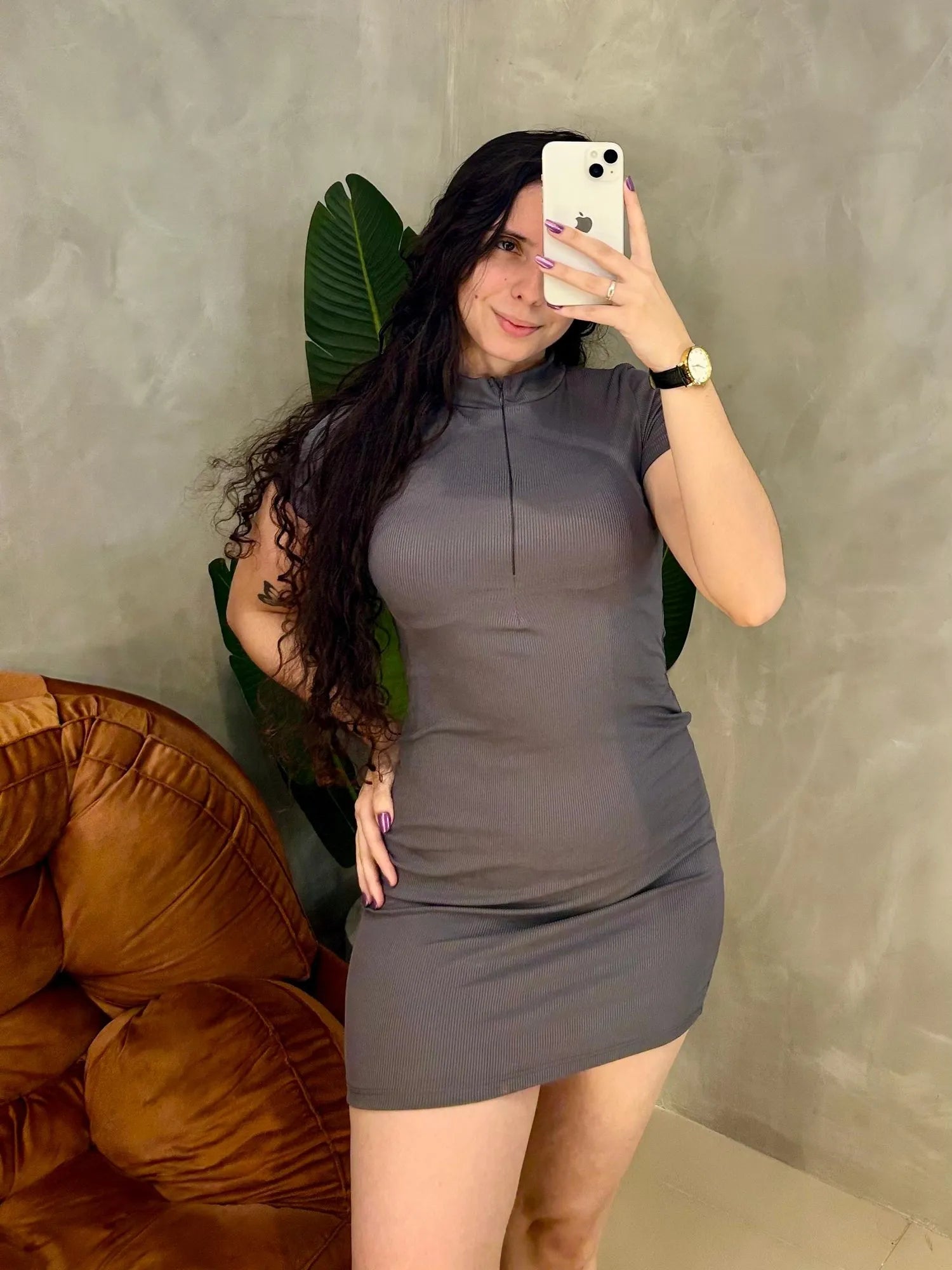 Vestido Curto em Ribana Manga Curta com Gola e Zíper Ref.1751