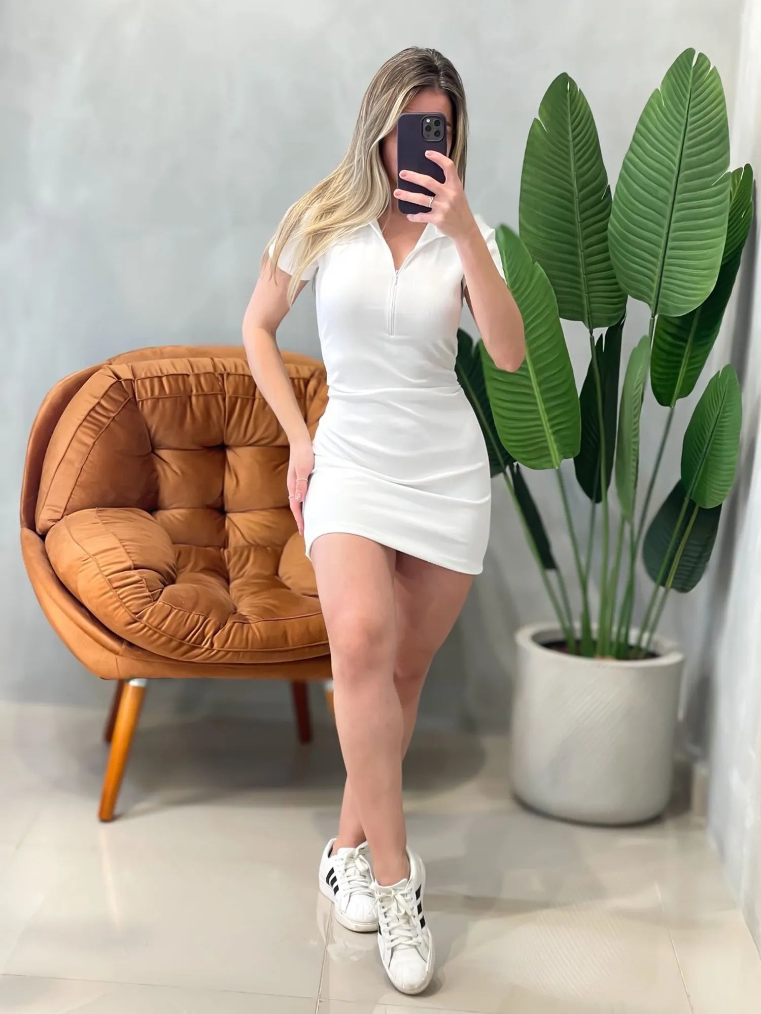 Vestido Curto em Ribana Manga Curta com Gola e Zíper Ref.1751