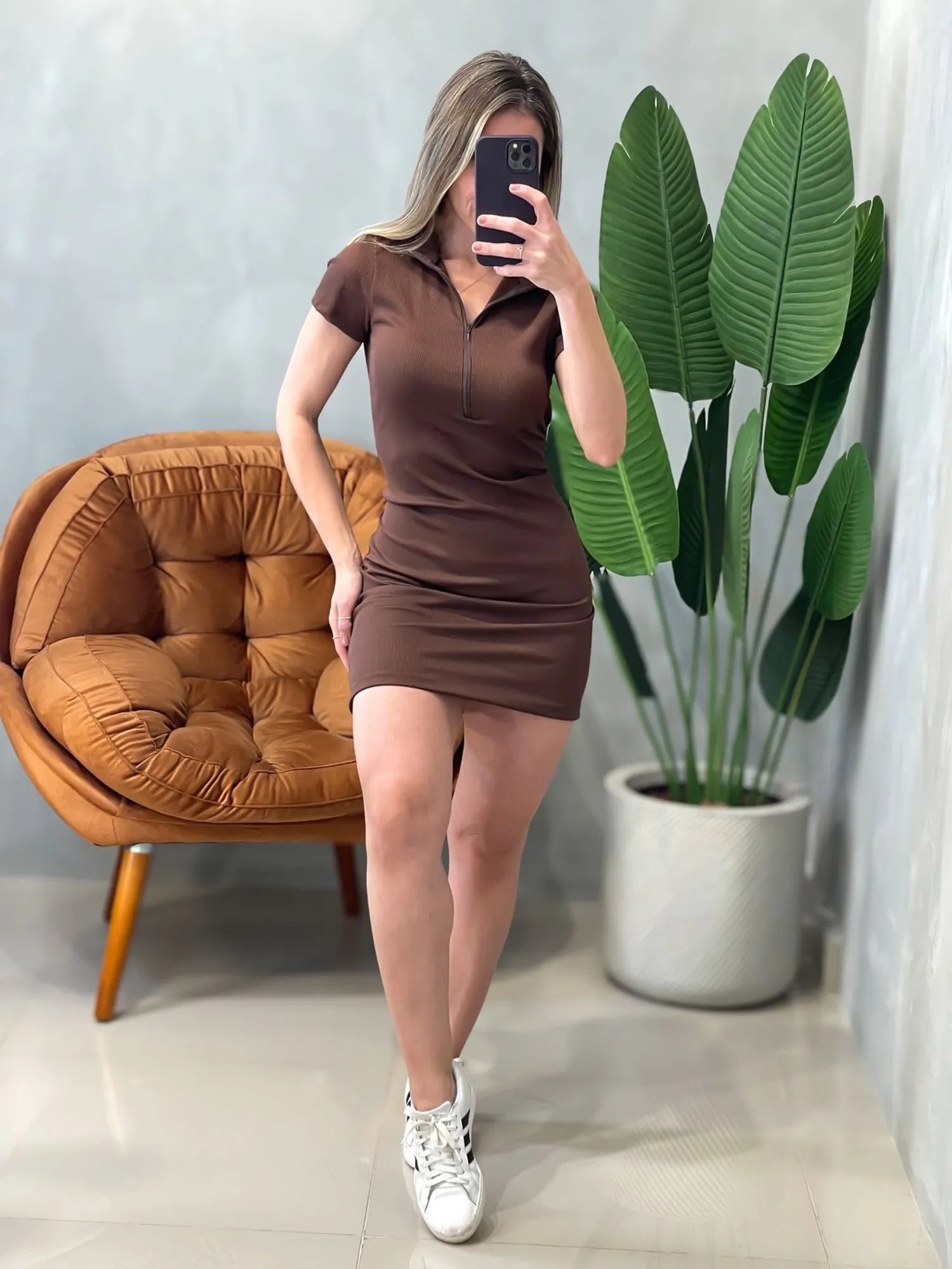 Vestido Curto em Ribana Manga Curta com Gola e Zíper Ref.1751