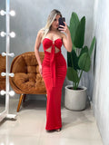 Vestido Longo em Malha Romantic sem Alça com Recorte e Fivela Ref. 1834